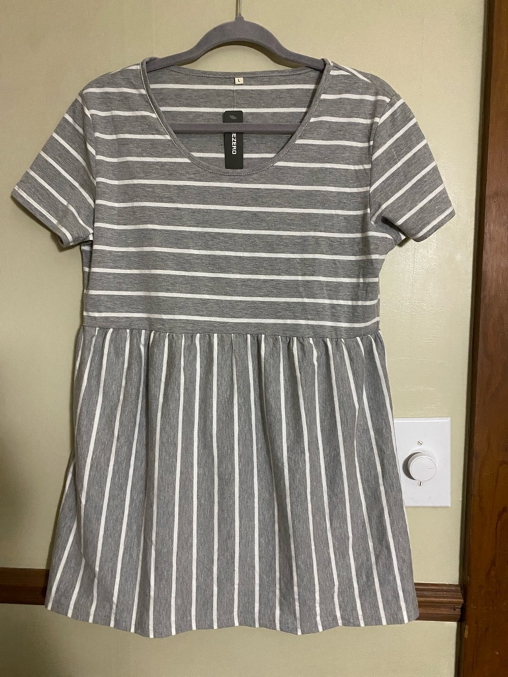 Gray & White Striped Short Sleeve Round Neck Maternity Top